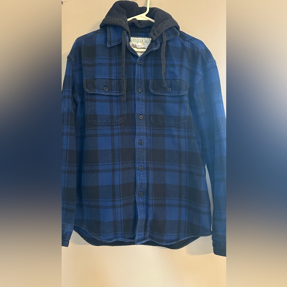 Blue and Black Plaid Men's button down Hoodie